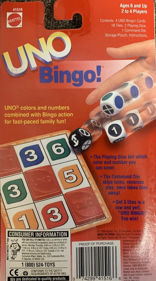 Rare Mattel Bingo Uno 1998 Classic Vintage Game Ages 6 & Up Card Dice with Pouch - Image 2 of 2