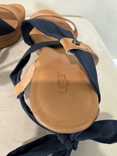 UGG Brown Leather Navy Blue Tie Wrap Sedona Sandals Wood Wedge Sz 8 / 39 - Picture 7 of 8