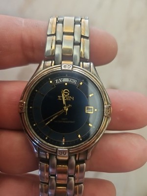Elgin FCM215 Blue Dial Silver Tone Gold Accented Quartz Day-Date With New Batt