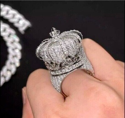 4Ct Real Moissanite Round Cut King Crown Wedding Ring14KWhite Gold Plated Silver