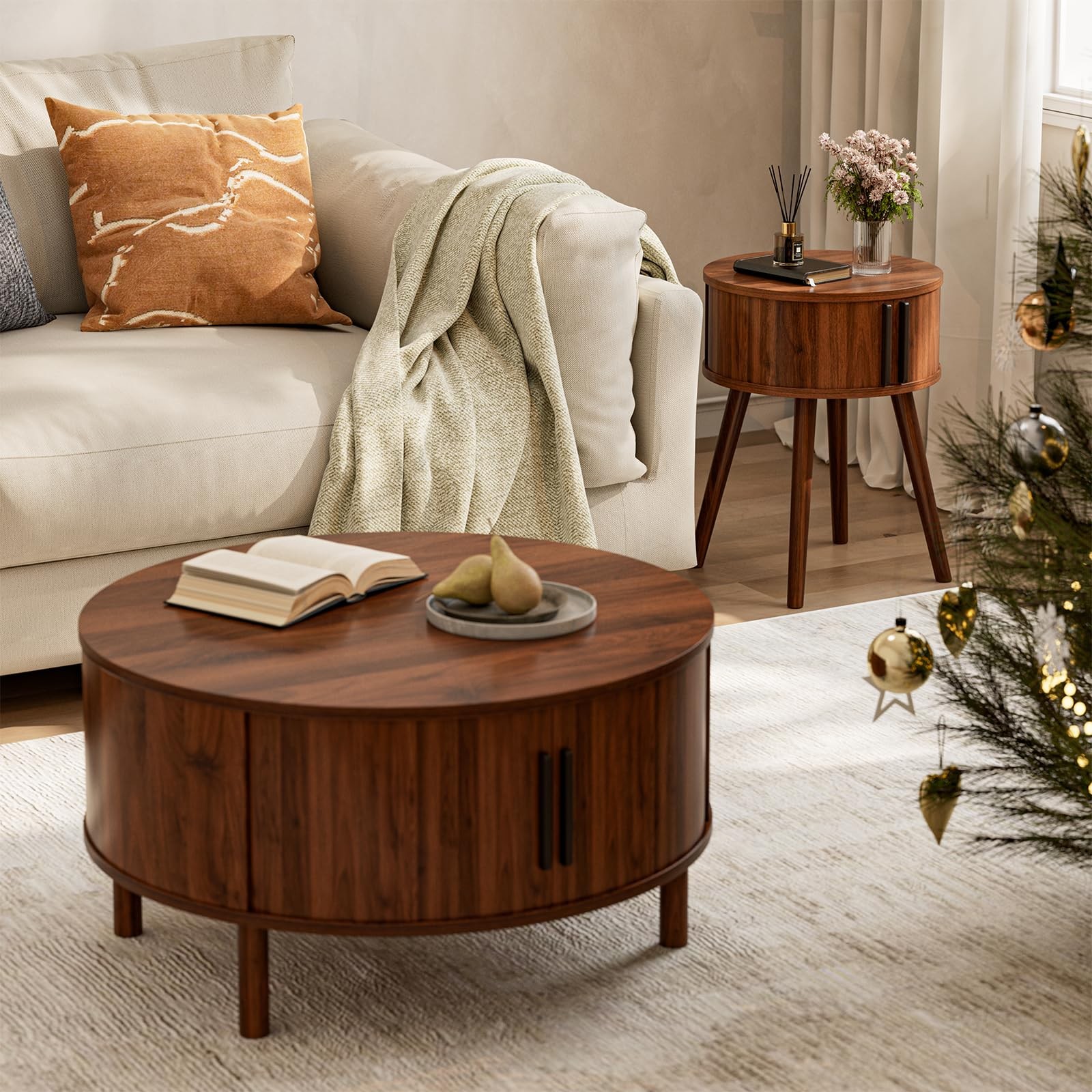 Side Table with Sliding Door Cabinet End Table for Living Room, New