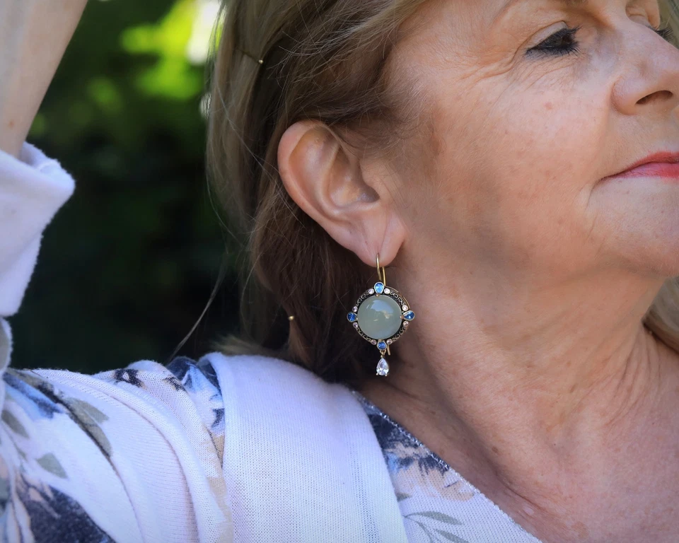 Gruesa Pendientes Colgantes Dorado Engastado Cz Azul Ronda Ágata Verde Claro SB4 - Imagen 2 de 4
