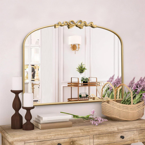 Besdomus Vintage Arched Large Mirror: 36"X29" Gold Bow Decorative Mirror | Frenc