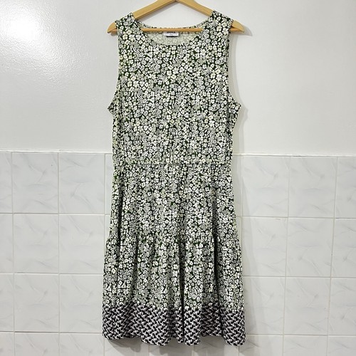 Leota L Green White Sleeveless Tiered Floral Bloomcore Elastic Waist Flowy Dress