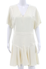 Halston Heritage Womens Fit & Flare V-Neck Short Sleeve Beige Dress Size 8