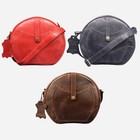 Women's Genuine Leather Round Bag Crossbody Shoulder Purse Brown Circle Handbag