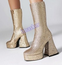 Women's Glitter Block Heels Platform Zip Mid Calf Boots Club Party Formal Shoes