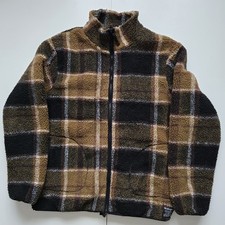 The Stronghold Los Angeles Men's XL Brown Black Plaid Deep Pile Fleece Jacket