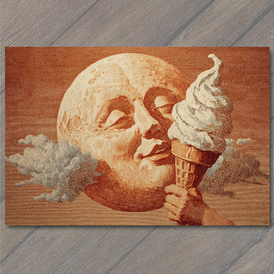 #ad POSTCARD Surreal Moon Face Licking Ice Cream Cone Night Fantasy Etching $6.65