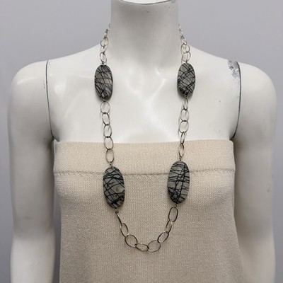Paola Valentini Sterling Stone Necklace 32'' Long Black & Gray Art To Wear