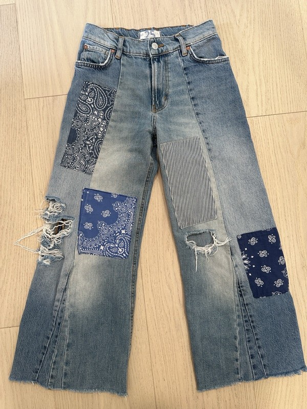 We The Free Women’s High Rise Wide-Leg Patchwork Distressed Blue Jeans 25