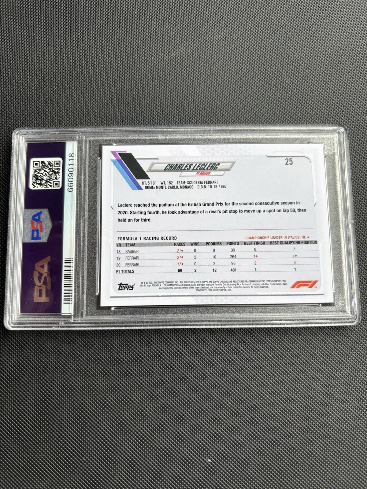2021 Topps Chrome F1 Charles Leclerc Orange Red Refractor #25 Ferrari PSA10 view 2