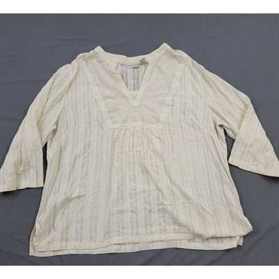 St Johns Bay Blouse Womens Plus 2X 3/4 Sleeve Pullover V Neck Striped Beige *