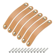 6 Packs Leather Drawer Pulls Double Hole Knobs, Beige/Gold(Hole Spacing:128mm)