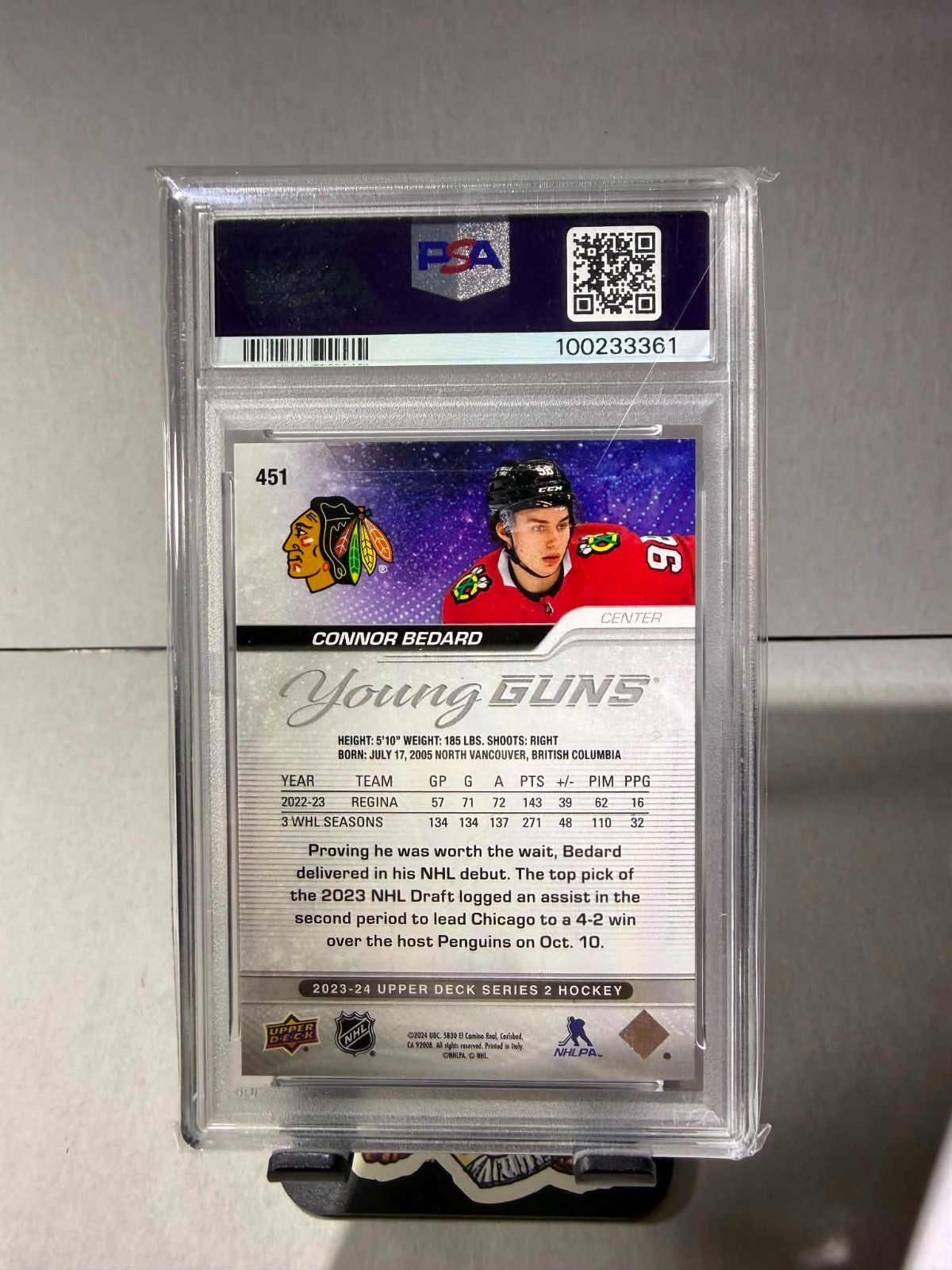 2023-24 Upper Deck Connor Bedard Rookie Young Guns RC #451 Blackhawks PSA 10 view 2