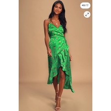 Lulus Chic Style Green Floral Jacquard Satin High-Low Midi Wrap Dress