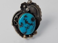 NATIVE AMERICAN Ring Sz 7 Sterling Turquoise Leaf Flower Hallmark Navajo VTG