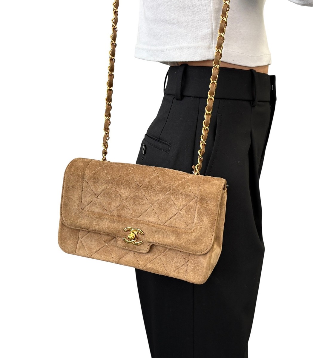 CHANEL Vintage CC Logo Turnlock Quilted Suede Flap Bag Brown Gold