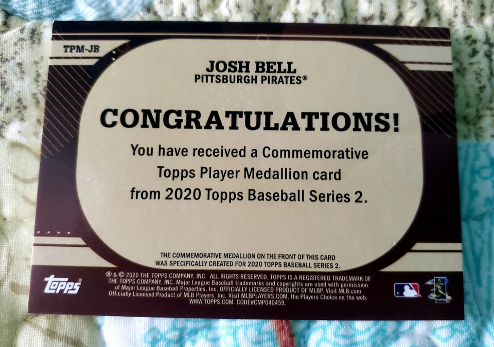 Josh Bell 2020 Topps Series 2 Medallion Coin Card #TPM-JB Pirates - Image 2 of 2