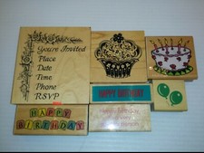 ASST BIRTHDAY RUBBER STAMPS: HAPPY BIRTHDAY, BALLOON, CAKE, INVITATION, LOT OF 7