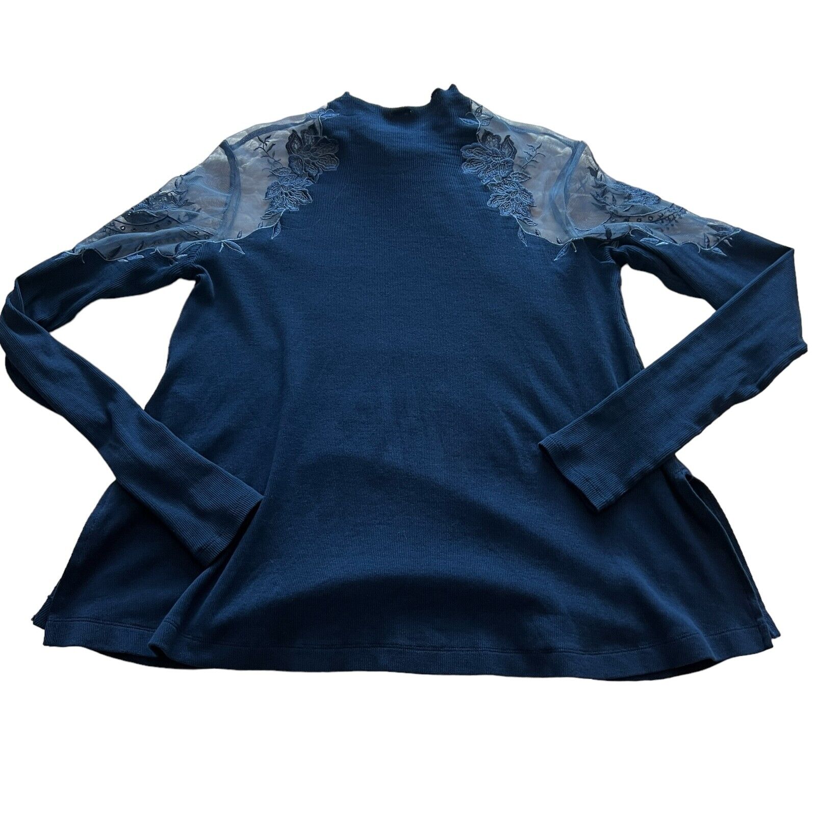 Free People Daniella Blue Embroidered Knit Top Tu… - image 5