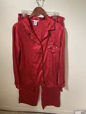 Vintage Pink by KMart 2 Piece Satin Pajama Set Womens Large Red Embroider Pocket