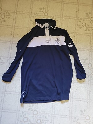 Gents Rugby Shirt With Thistle Logo In White Navy Long Sleeve Design Size Small