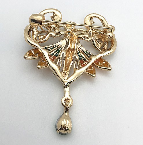 Women's Green Crystal Enamel Fairy Angel Heart Brooch Pin - Picture 3 of 3
