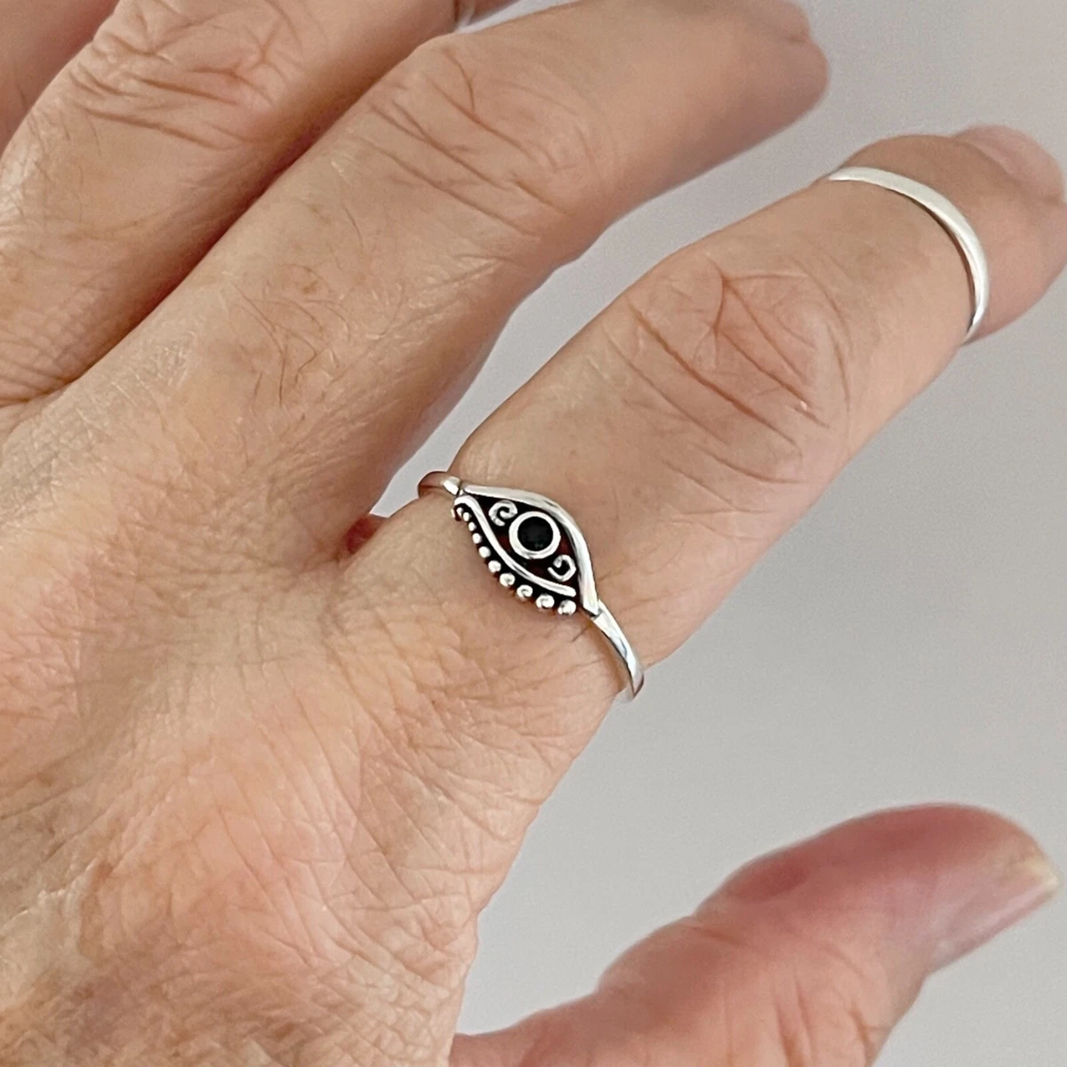 Sterling Silver Small Black CZ Evil Eye Ring, Silver Ring, Protector Ring