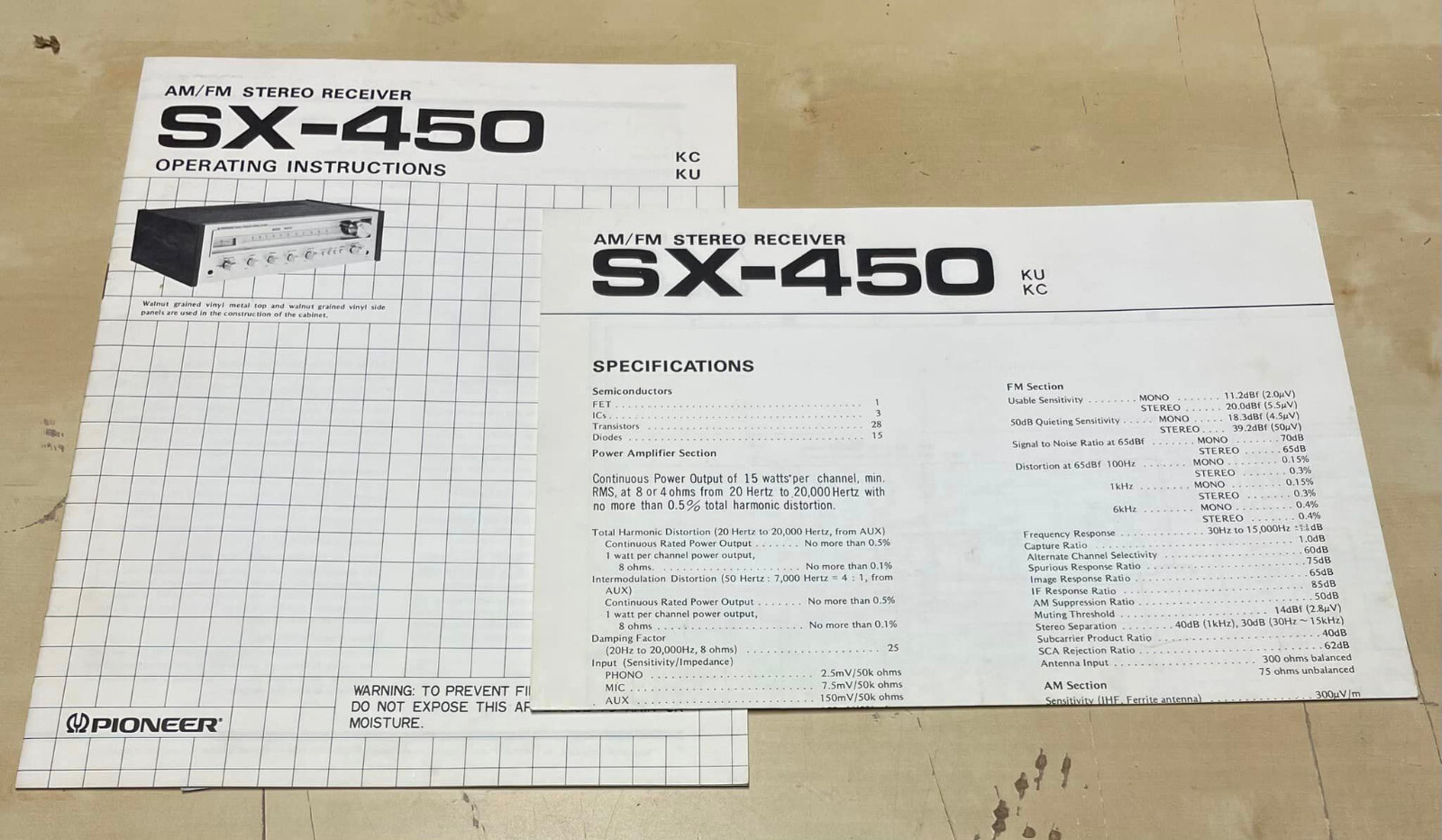Vintage Original Pioneer SX-450 Operating Instructions and Specification Sheet