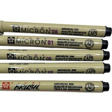 Sakura Pigma Micron Pen Set 01/05/08  Brush Archival Ink Black A578