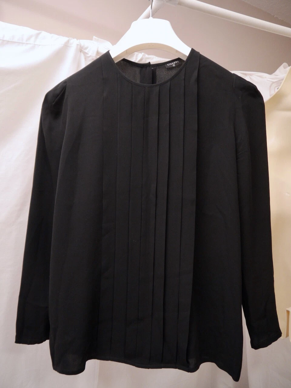 Chanel — Vintage Chanel Black Blouse Long Sleeve Tuxedo Front + 11 Black/Gold CC Buttons