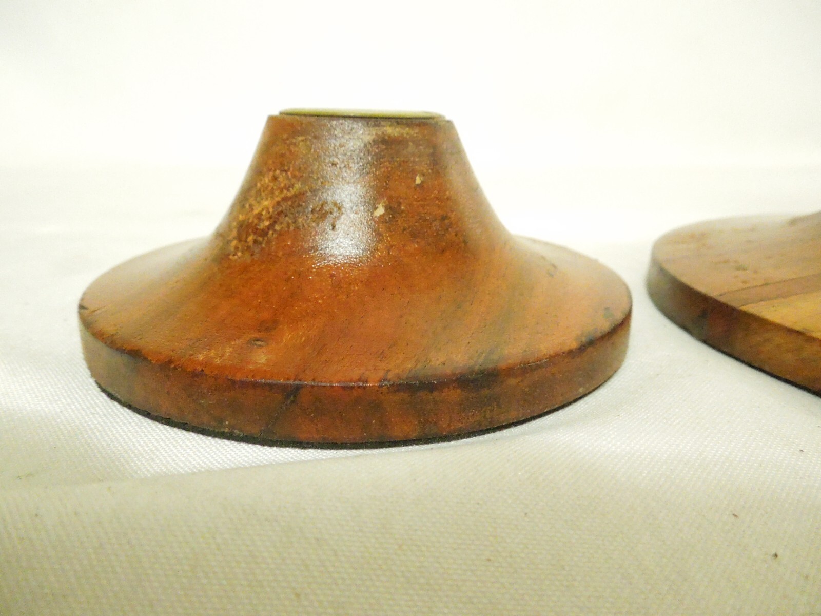 Vintage Taper Candle Holders Set of 2 Wood with Brass Inserts 5" & 4" Diameters