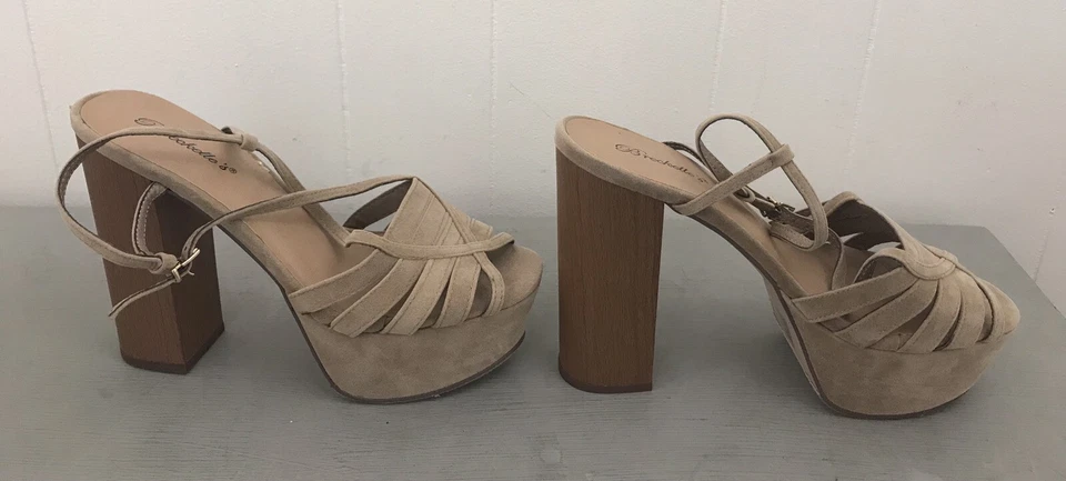 Zapatos de salón BRECKELLE'S bronceados con correa para el tobillo plataforma punta abierta para mujer 9 gruesos de tacón alto Foto 2 de 4