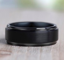 Black Tungsten Ring Black Wedding Band Brushed Center Mens Ring Stepped Edge