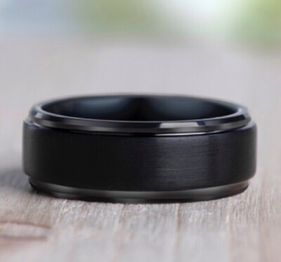 Black Tungsten Ring Black Wedding Band Brushed Center Mens Ring Stepped Edge