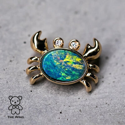 Bezaubernder Krabben Anhänger NUR australischer Opal & Diamant Augen 14K Gold Krebs Sternzeichen