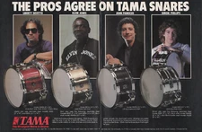 1983 2pg Print Ad of Tama Snare Drums w Elvin Jones Simon Phillips John Panozzo