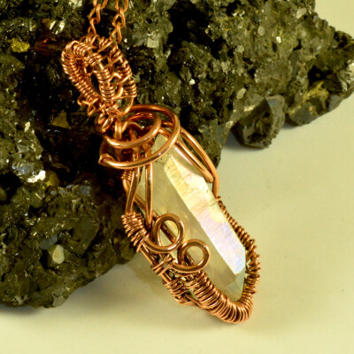 Aura Quartz Crystal Point Pendant Copper Wire Wrapped Handmade Jewelry