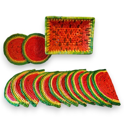 Vintage Rattan Trivet Set, Handwoven Watermelon Design, 14-Piece Rustic Kitchen