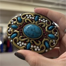 Vintage Ornate Turquoise Style Metal Belt Buckle Gold Blue White Red Stones