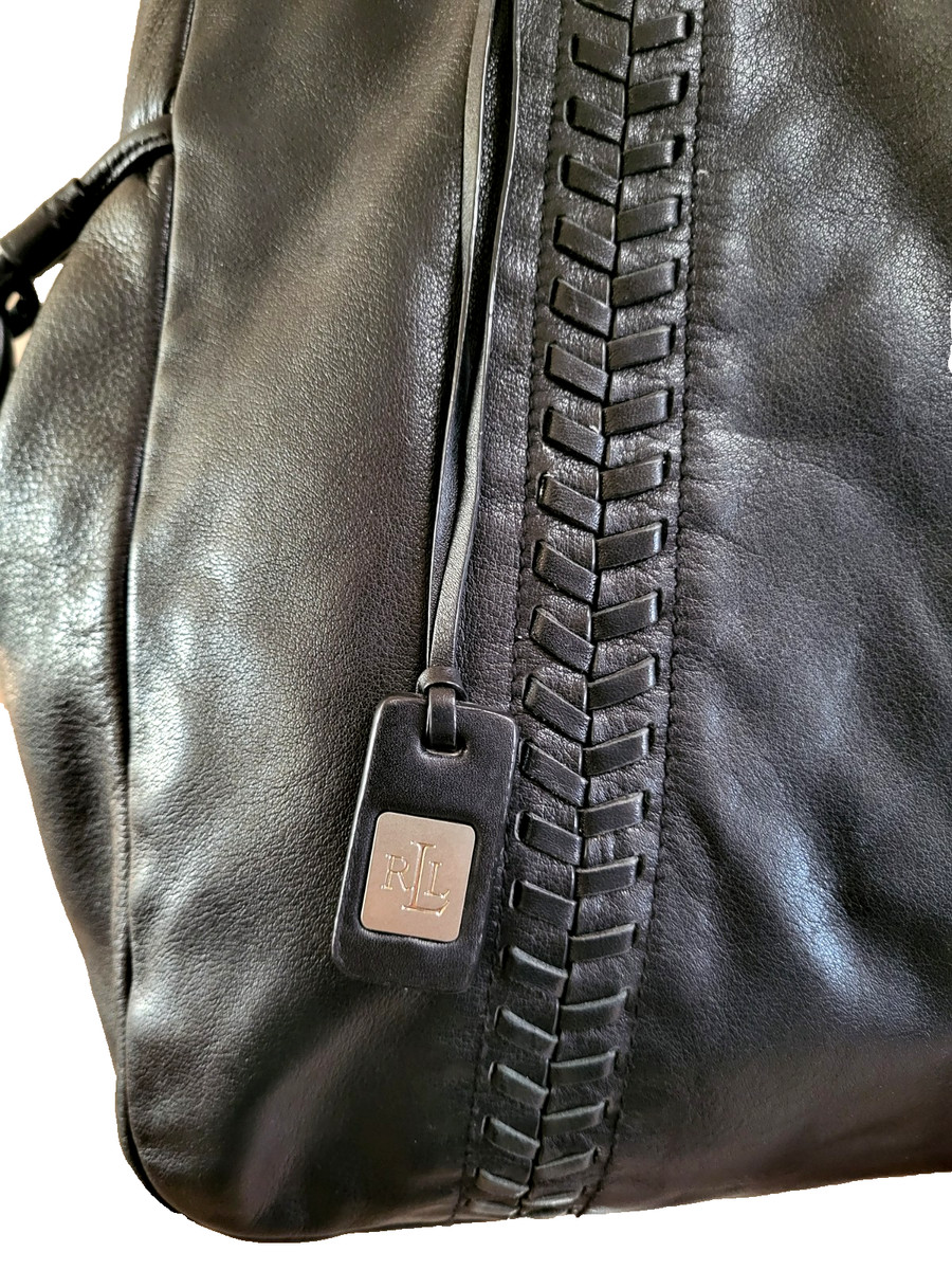 Rare Ltd Edition Ralph Lauren Black Soft Leather XL Braid Trm Tote Bag Tie Sides View 2