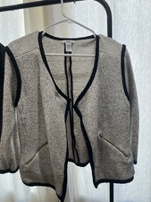 Bar III Textured Open Front Blazer Jacket Size L Cream Black Trim Zip Pocket