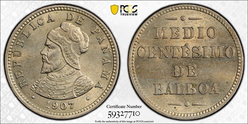 Panama 1/2 Centesimo 1907 PCGS MS64 Lustrous 