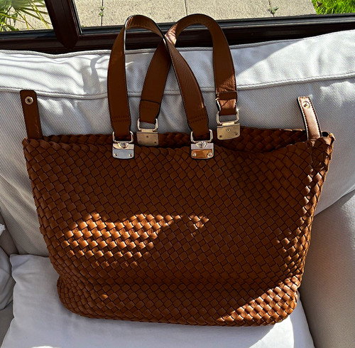New Look Brown Woven Faux Leather Large Tote Shoulder Bag Lined With Pouch - New