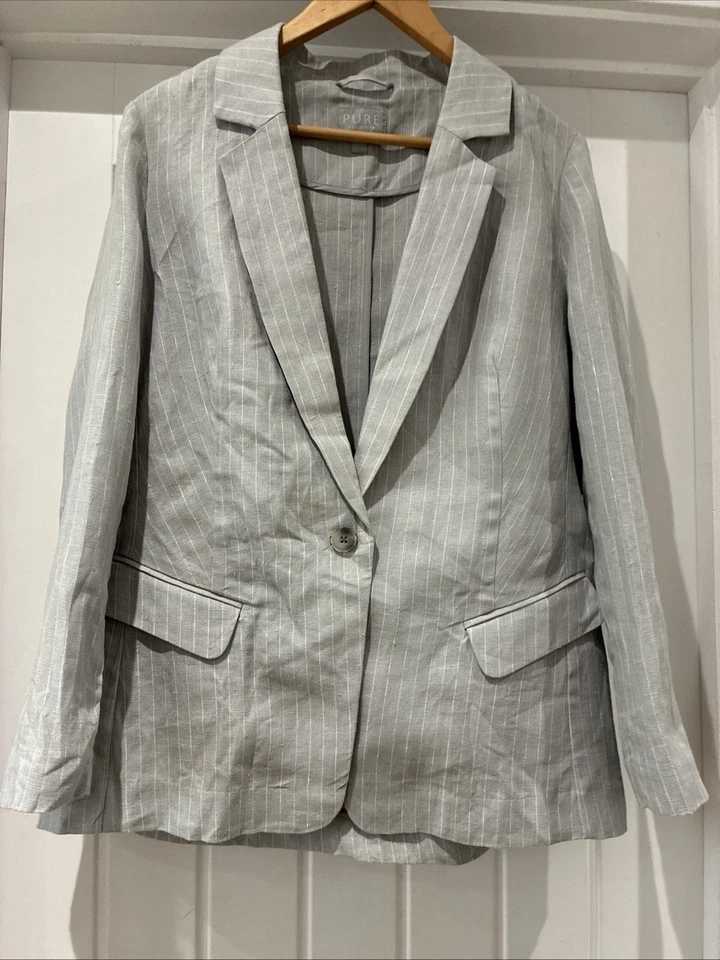 Pure Collection Blazer Jacket Linen Grey Stripe Size UK 18 1 Button Lightweight - Image 3 of 4