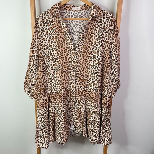 Iris Maxi Shirt Dress Womens 14 Leopard Print Tiered Mini Collared Rayon Animal