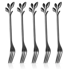 5 PCS 4.7 inch Black Dessert Forks Stainless Steel Leaf Appetizer Cocktail Fork