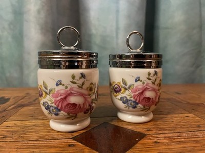 Vtg Royal Worcester Porcelain Floral Egg Cup Set with Metal Lids, Set of 2