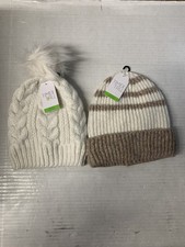  x2 -Time And Tru Beanie Hat Winter White, Brown, Heavy Thick Knit Pom Set Lot